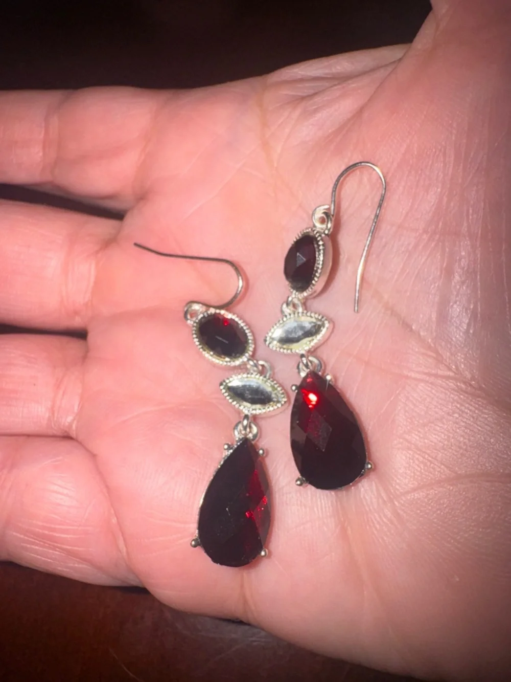 Liz Claiborne Silver Drop Earrings with Deep Garnet Red Stones - Picture 4 of 6